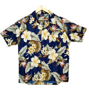 Roundy Bay Mens Hawaiian Shirt Large Navy Blue Tropical Floral Birds Of Paradise